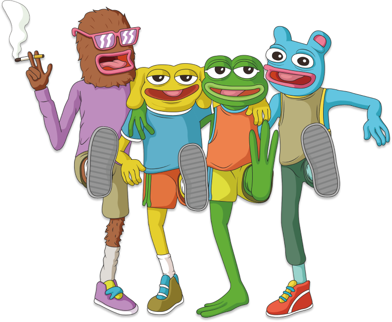BoysClub characters - Pepe, Andy, Landwolf, and Brett from Matt Furie's comic